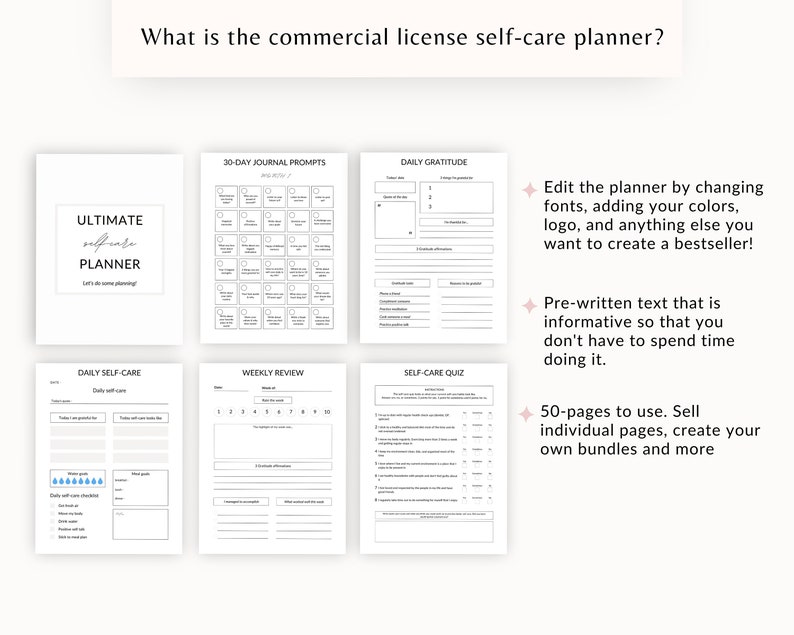 May include: A printable self-care planner with 50 pages. The planner includes daily gratitude, daily self-care, weekly review, and self-care quiz sections. The planner is customisable and can be edited with different colours, fonts, and logos.