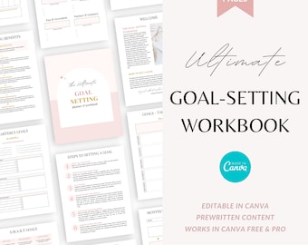Puede incluir: Un cuaderno de trabajo de establecimiento de objetivos imprimible en rosa y blanco con el título "The Ultimate Goal Setting Planner & Workbook" y el texto "28 Pages" en un círculo rosa. El cuaderno de trabajo está diseñado para ayudarte a establecer y alcanzar tus objetivos. Incluye secciones para objetivos trimestrales, objetivos SMART y desgloses de objetivos. El cuaderno de trabajo es editable en Canva e incluye contenido preescrito. Es perfecto para coaching o uso personal.