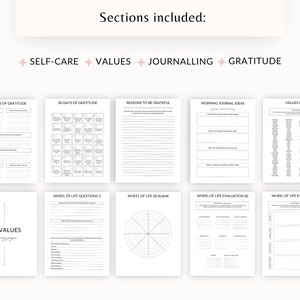 May include: A printable self-care and gratitude journal with sections for 5-minute gratitude, 30-days of gratitude, reasons to be grateful, morning journal ideas, values list, wheel of life questions, wheel of life blank, and wheel of life evaluation.