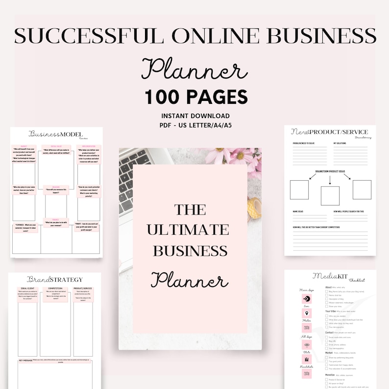 May include: A pink and white digital planner with the text "Successful Online Business Planner 100 Pages Instant Download PDF - US Letter/A4/A5" and "The Ultimate Business Planner".