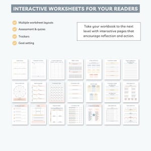 May include: A collection of printable worksheets with various layouts, including trackers, quizzes, and goal-setting pages. The text reads "Interactive Worksheets for Your Readers."