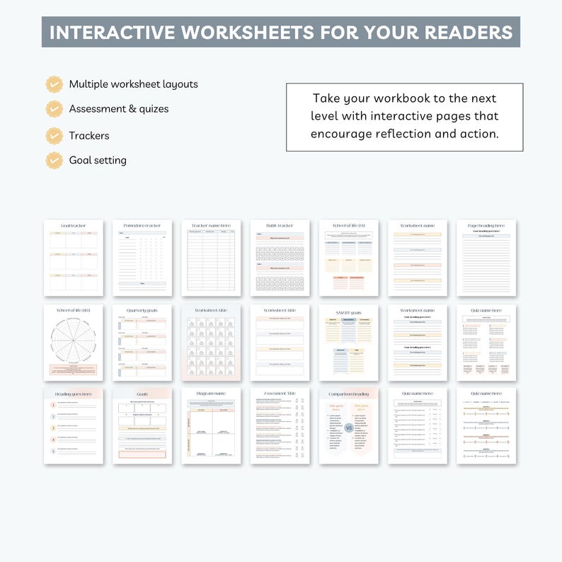 May include: A collection of printable worksheets with various layouts, including trackers, quizzes, and goal-setting pages. The text reads "Interactive Worksheets for Your Readers."