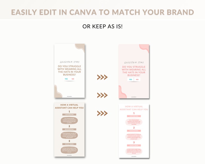 K&ouml;nnte beinhalten: Eine rosa und braune Infografik mit dem Text "Haben Sie Schwierigkeiten, alle H&uuml;te in Ihrem Unternehmen zu tragen?" und "Wie ein virtueller Assistent Ihnen helfen kann". Die Infografik listet drei M&ouml;glichkeiten auf, wie ein virtueller Assistent bei Gesch&auml;ftsaufgaben helfen kann: "Texten", "Buchhaltung" und "Social Media".