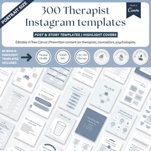 Pode incluir: Um conjunto de 300 modelos de Instagram para terapeutas em formato retrato. Os modelos incluem modelos de postagem e história, capas de destaque e conteúdo pré-escrito. O design é predominantemente branco e azul, com texto que diz "Mental Health" e "ADHD Info".