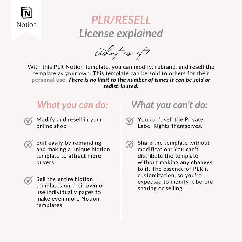 May include: A graphic explaining the terms of a PLR (Private Label Rights) resell license for a Notion template. The graphic lists what you can and can't do with the template, such as modify, rebrand, and resell it.