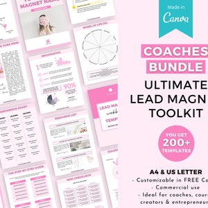 Puede incluir: Un kit de herramientas digital rosa y blanco para entrenadores, creadores de cursos y empresarios. El kit incluye m&aacute;s de 200 plantillas para imanes de clientes potenciales, infograf&iacute;as, listas de verificaci&oacute;n y m&aacute;s. El texto en la imagen dice "Coaches Bundle Ultimate Lead Magnet Toolkit You Get 200+ Templates A4 & US Letter Customizable in FREE Canva Commercial use Ideal for coaches, course creators & entrepreneurs".