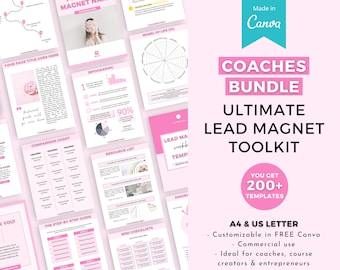 May include: A pink and white digital toolkit for coaches, course creators, and entrepreneurs. The toolkit includes over 200 templates for lead magnets, infographics, checklists, and more. The text on the image reads "Coaches Bundle Ultimate Lead Magnet Toolkit You Get 200+ Templates A4 & US Letter Customizable in FREE Canva Commercial use Ideal for coaches, course creators & entrepreneurs".