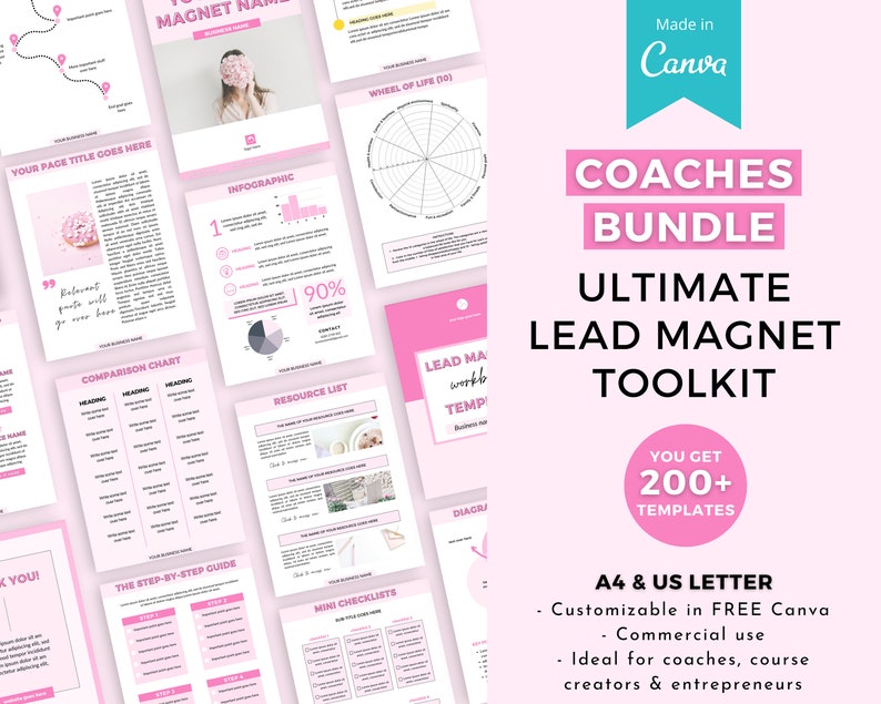 Puede incluir: Un kit de herramientas digital rosa y blanco para entrenadores, creadores de cursos y empresarios. El kit incluye m&aacute;s de 200 plantillas para imanes de clientes potenciales, infograf&iacute;as, listas de verificaci&oacute;n y m&aacute;s. El texto en la imagen dice "Coaches Bundle Ultimate Lead Magnet Toolkit You Get 200+ Templates A4 & US Letter Customizable in FREE Canva Commercial use Ideal for coaches, course creators & entrepreneurs".