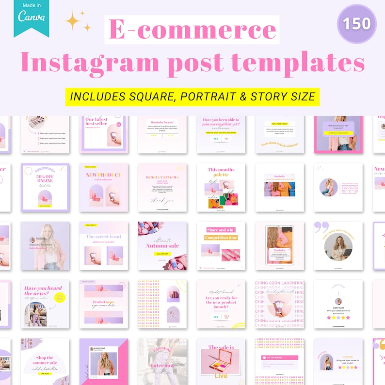 Puede incluir: Una colecci&oacute;n de 150 plantillas de publicaciones de Instagram para empresas de comercio electr&oacute;nico. Las plantillas est&aacute;n en tama&ntilde;os cuadrado, retrato e historia. Las plantillas presentan un esquema de color rosa y morado con varios dise&ntilde;os y textos.