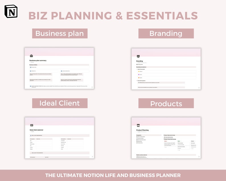 May include: A screenshot of a Notion page with the title "Biz Planning & Essentials". The page is divided into four sections: Business Plan, Branding, Ideal Client, and Products. Each section has a pink background and a white text box with a title and a list of questions.
