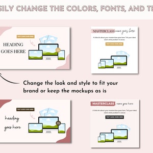 Op de afbeelding: Twee mockups van een website-ontwerp met een roze en witte kleurschema. De bovenste mockup heeft de tekst "HEADING GOES HERE" en de onderste mockup heeft de tekst "heading goes here". Beide mockups tonen een computerscherm, een tablet en een telefoon, die allemaal een landschapsbeeld van een groen veld met een blauwe lucht en witte wolken weergeven.