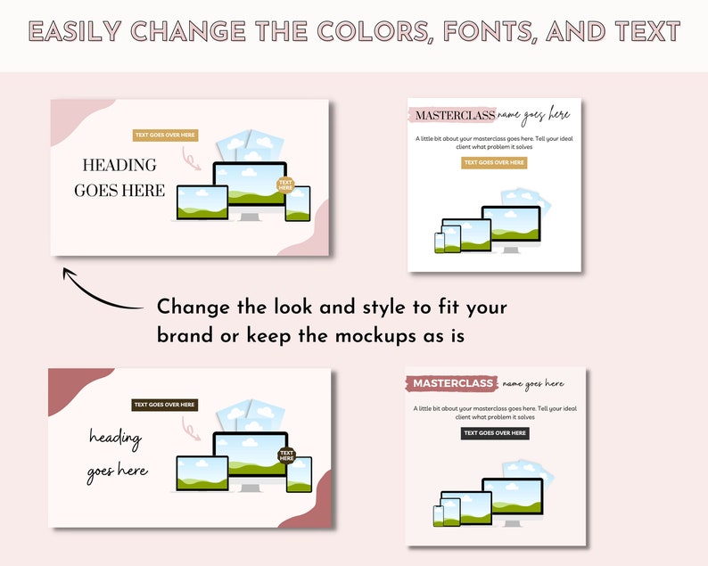 Op de afbeelding: Twee mockups van een website-ontwerp met een roze en witte kleurschema. De bovenste mockup heeft de tekst "HEADING GOES HERE" en de onderste mockup heeft de tekst "heading goes here". Beide mockups tonen een computerscherm, een tablet en een telefoon, die allemaal een landschapsbeeld van een groen veld met een blauwe lucht en witte wolken weergeven.
