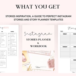 Puede incluir: Un planificador de historias de Instagram y un cuaderno de trabajo imprimibles con un esquema de color rosa y blanco. El planificador incluye una secci&oacute;n de inspiraci&oacute;n para historias, una gu&iacute;a para historias de Instagram perfectas y plantillas de planificador de historias. El cuaderno de trabajo incluye un planificador semanal con secciones para el lunes, martes, jueves, viernes y domingo.