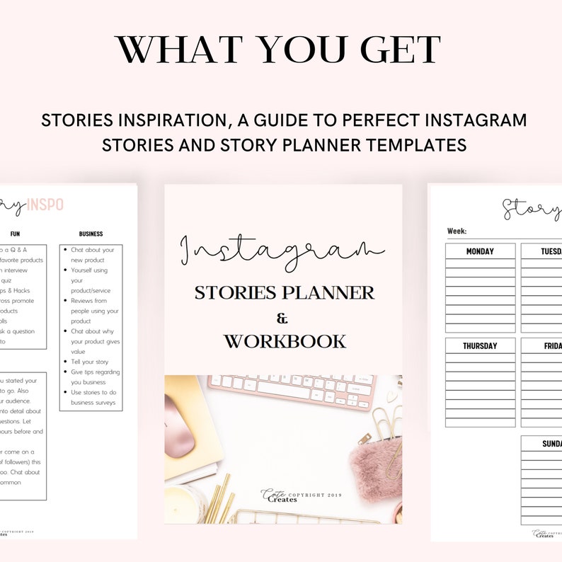 Puede incluir: Un planificador de historias de Instagram y un cuaderno de trabajo imprimibles con un esquema de color rosa y blanco. El planificador incluye una secci&oacute;n de inspiraci&oacute;n para historias, una gu&iacute;a para historias de Instagram perfectas y plantillas de planificador de historias. El cuaderno de trabajo incluye un planificador semanal con secciones para el lunes, martes, jueves, viernes y domingo.