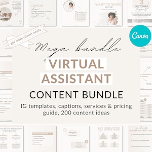 May include: A collage of beige and brown images with the text "Mega Bundle Virtual Assistant Content Bundle" in a brown font. The text "IG templates, captions, services & pricing guide, 200 content ideas" is also included in the collage. The collage is surrounded by a white background.