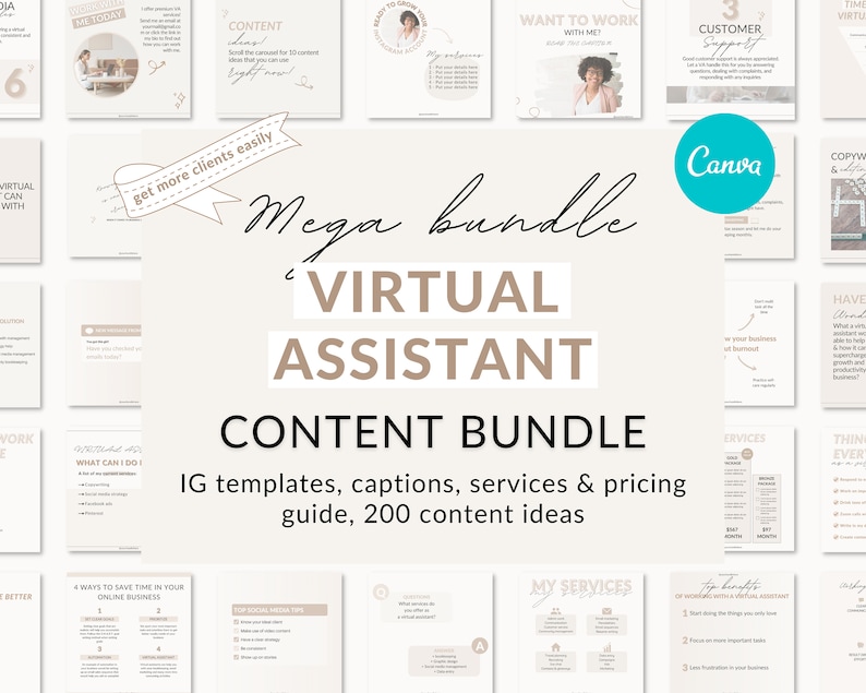 Op de afbeelding: Een collage van beige en bruine afbeeldingen met de tekst "Mega Bundle Virtual Assistant Content Bundle" in een bruin lettertype. De tekst "IG templates, captions, services & pricing guide, 200 content ideas" is ook opgenomen in de collage. De collage is omgeven door een witte achtergrond.