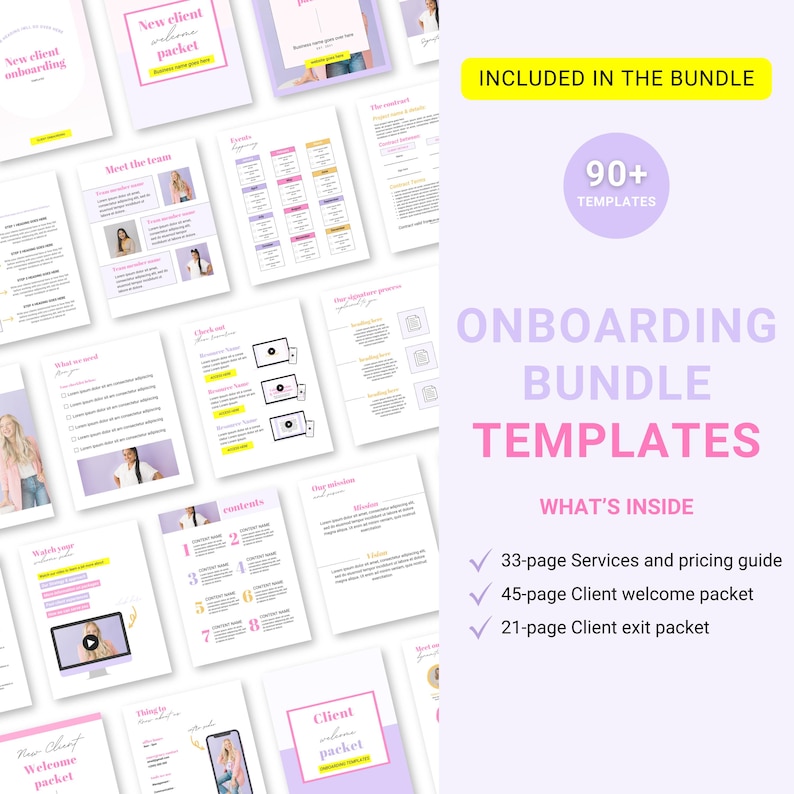 May include: A bundle of 90+ onboarding templates for businesses. The templates are designed in a pink and purple color scheme and include a client welcome packet, a client exit packet, and a services and pricing guide.