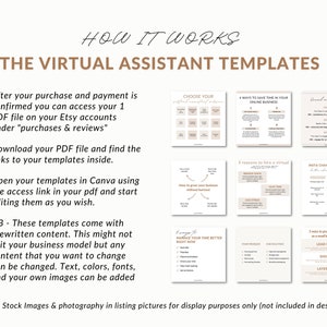 May include: A how-to guide for virtual assistants, with a checklist of steps for purchasing and accessing templates. The guide includes tips on using Canva to edit the templates and includes a note that stock images are not included in the design.