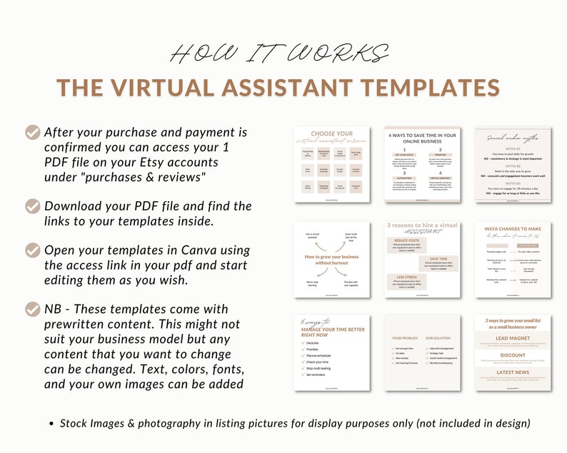 May include: A how-to guide for virtual assistants, with a checklist of steps for purchasing and accessing templates. The guide includes tips on using Canva to edit the templates and includes a note that stock images are not included in the design.