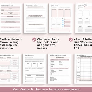 May include: A set of printable planner pages for business planning, goal setting, and daily tasks. The pages are designed in a minimalist style with pink accents and include sections for business plan, determined mindset, daily planner, things to do, product promotion, new product ideas, product launch social media, and my finance goals.