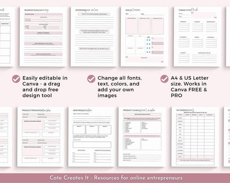 May include: A set of printable planner pages for business planning, goal setting, and daily tasks. The pages are designed in a minimalist style with pink accents and include sections for business plan, determined mindset, daily planner, things to do, product promotion, new product ideas, product launch social media, and my finance goals.