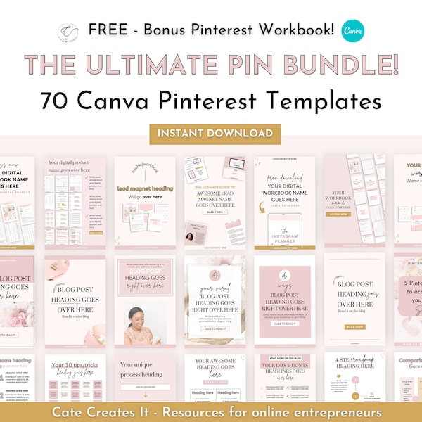 Modèles Pinterest Canva, épingles Pinterest, coachs marketing Pinterest, modèles d'entraîneurs, épingles Pinterest roses, graphiques Pinterest, bundle