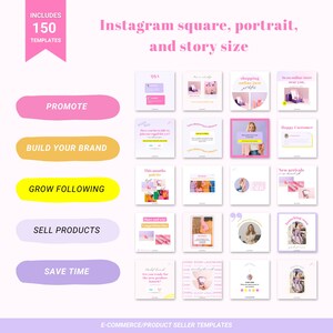 Puede incluir: Una colecci&oacute;n de 150 plantillas de publicaciones de Instagram para el comercio electr&oacute;nico y los vendedores de productos. Las plantillas est&aacute;n dise&ntilde;adas en rosa, amarillo y morado con texto que dice "Promocionar", "Construir tu marca", "Aumentar tu seguimiento", "Vender productos" y "Ahorrar tiempo".