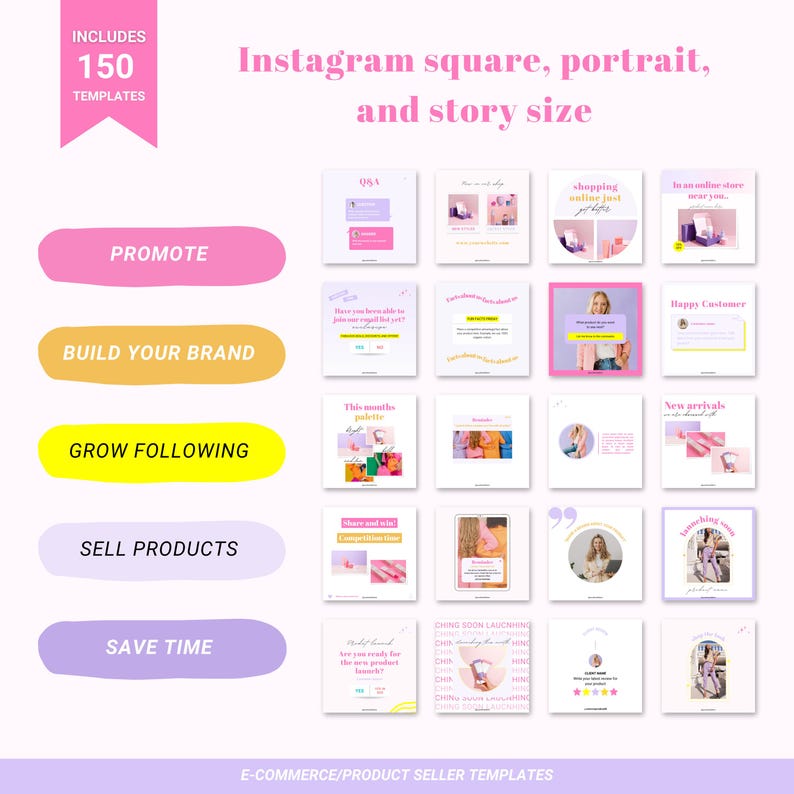 Puede incluir: Una colecci&oacute;n de 150 plantillas de publicaciones de Instagram para el comercio electr&oacute;nico y los vendedores de productos. Las plantillas est&aacute;n dise&ntilde;adas en rosa, amarillo y morado con texto que dice "Promocionar", "Construir tu marca", "Aumentar tu seguimiento", "Vender productos" y "Ahorrar tiempo".