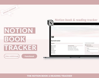 May include: A laptop computer displaying a Notion page titled "My book tracker". The page is a reading tracker with sections for navigation, current and past reads, and words of the week. The laptop is on a pink and white background with the text "Notion book & reading tracker" above it.