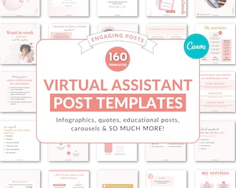 May include: A pink and white graphic with the text "Virtual Assistant Post Templates" and "160 Templates". The graphic also includes the text "Infographics, quotes, educational posts, carousels & SO MUCH MORE!" and images of various social media posts.