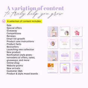 Puede incluir: Una lista de verificaci&oacute;n de ideas de contenido para redes sociales, que incluye ventas, regalos, lanzamientos de productos y preguntas y respuestas de clientes. La lista de verificaci&oacute;n est&aacute; ilustrada con un collage de nueve publicaciones coloridas en redes sociales.