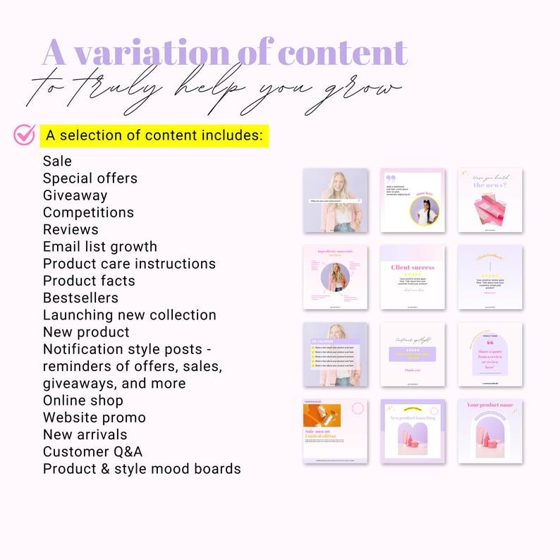 Puede incluir: Una lista de verificaci&oacute;n de ideas de contenido para redes sociales, que incluye ventas, regalos, lanzamientos de productos y preguntas y respuestas de clientes. La lista de verificaci&oacute;n est&aacute; ilustrada con un collage de nueve publicaciones coloridas en redes sociales.
