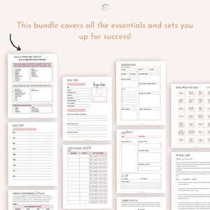 May include: A printable worksheet bundle for social media marketing and business planning. The worksheets include sections for ideal client, campaign plan, social media post ideas, group posting schedule, monthly performance, and live stream planning.