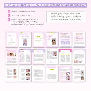 May include: A template for creating content pages with a pink and purple color scheme. The template includes a section for a module title, a section name, and a heading. The template also includes a place for text and images. The text "SECTION I" and "MODULE I" is included in the template.