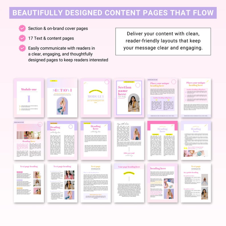 May include: A template for creating content pages with a pink and purple color scheme. The template includes a section for a module title, a section name, and a heading. The template also includes a place for text and images. The text "SECTION I" and "MODULE I" is included in the template.