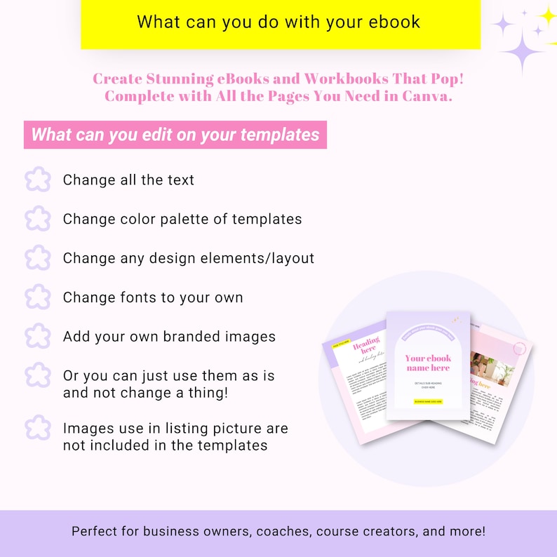 May include: A pink and purple graphic with the text "What can you do with your ebook?" and "Create Stunning eBooks and Workbooks That Pop! Complete with All the Pages You Need in Canva."  The graphic also includes a list of editable features for ebook templates, such as changing the text, color palette, design elements, fonts, and adding branded images.  The graphic also includes a mockup of an ebook template with the text "Your ebook name here".