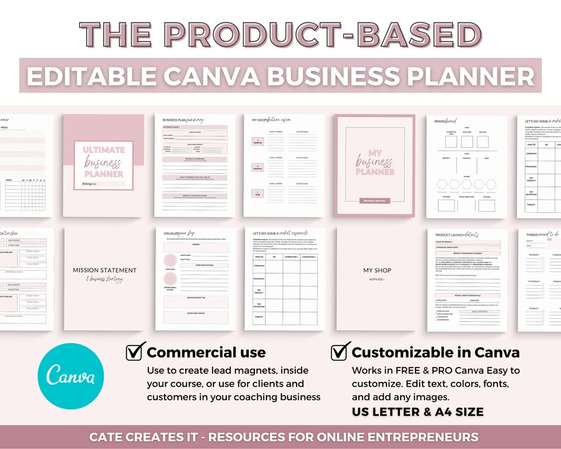 May include: A pink and white Canva business planner template with the text "The Product-Based Editable Canva Business Planner" and "Ultimate Business Planner". The template includes sections for mission statement, product launch, branding, and more.