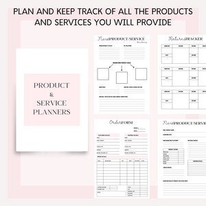 May include: Black and white printable planner pages for product and service planning. The pages include sections for brainstorming product ideas, order forms, return tracking, and new product/service development.