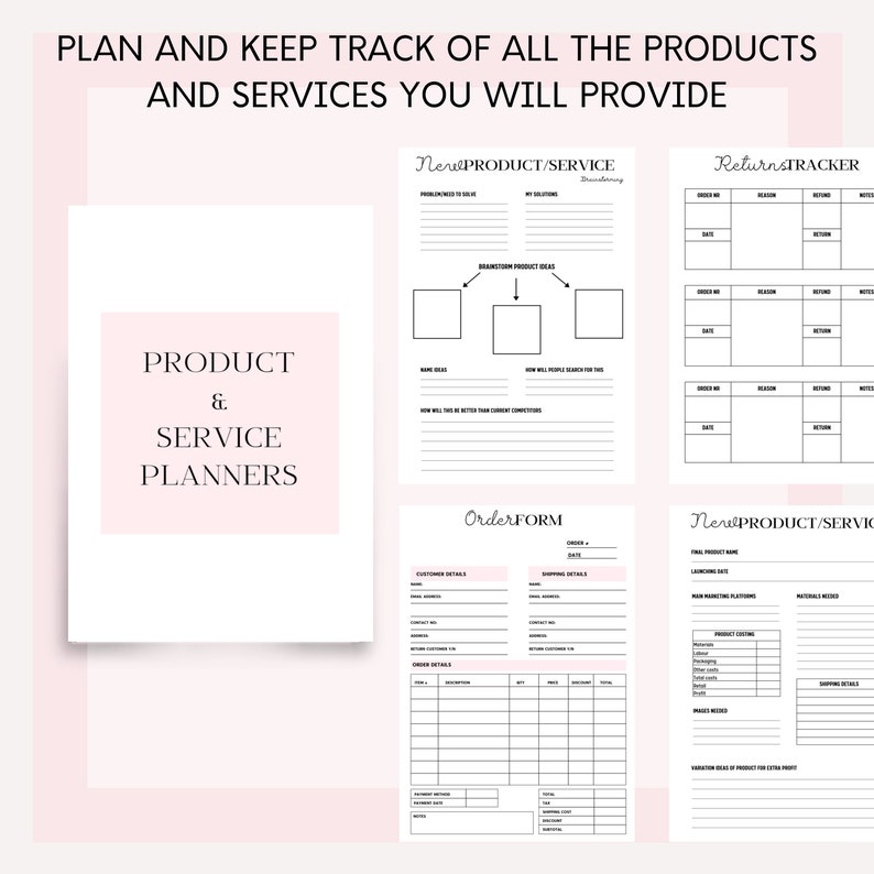 May include: Black and white printable planner pages for product and service planning. The pages include sections for brainstorming product ideas, order forms, return tracking, and new product/service development.
