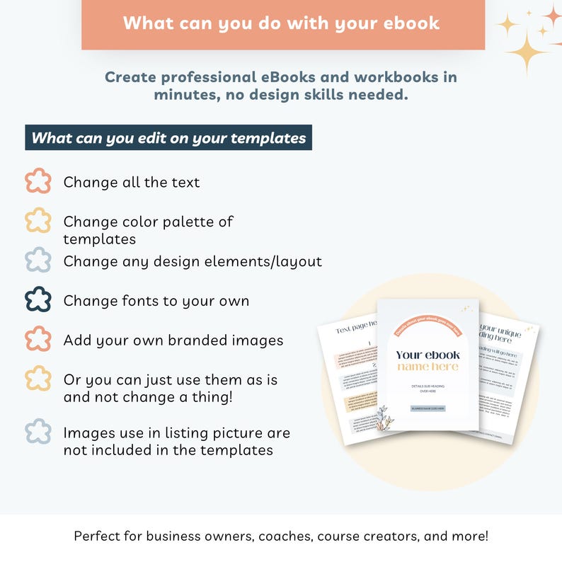 May include: An image with text that reads "What can you do with your ebook?" and "Create professional eBooks and workbooks in minutes, no design skills needed." The image also shows editable template options and sample ebook covers.