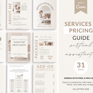 May include: A 31-page guide for virtual assistants, with a beige and brown color scheme. The guide includes information on services and pricing, packaging options, and add-on services. It is made with Canva and is easy to customize.
