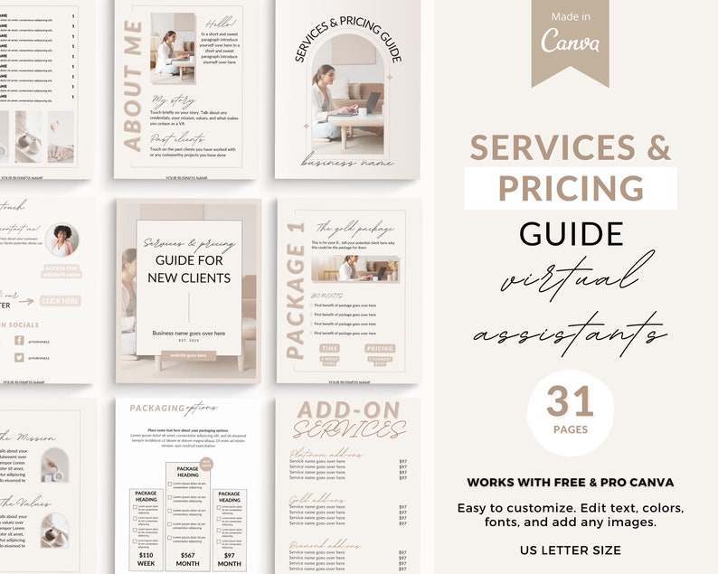May include: A 31-page guide for virtual assistants, with a beige and brown color scheme. The guide includes information on services and pricing, packaging options, and add-on services. It is made with Canva and is easy to customize.