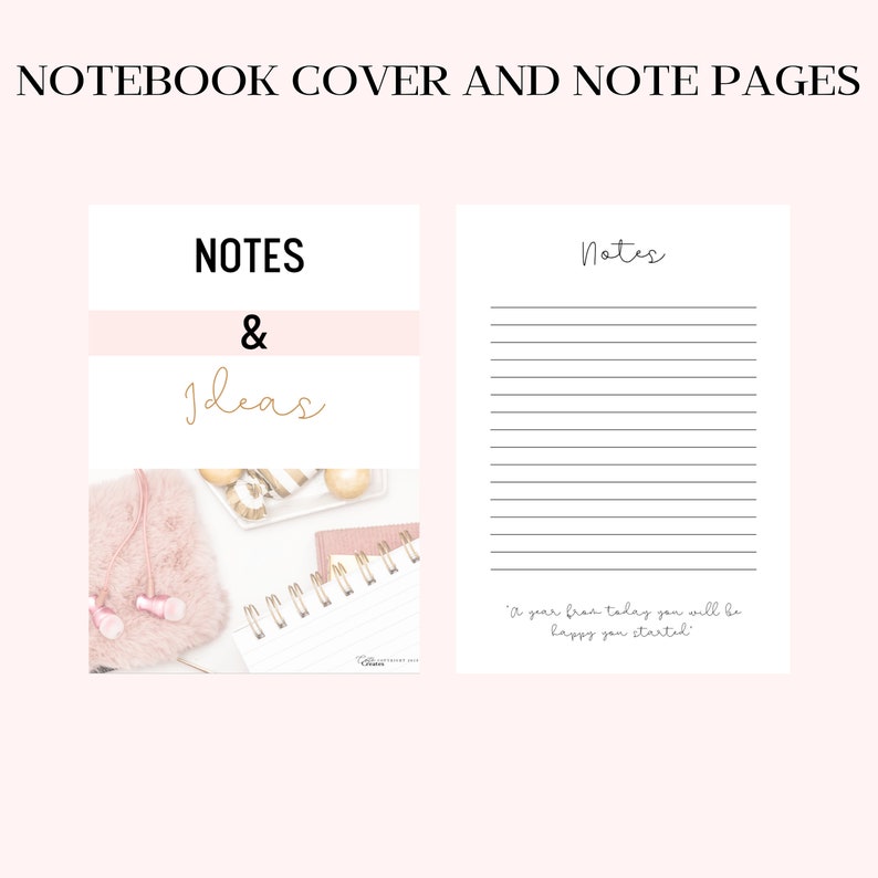 Puede incluir: Una cubierta de cuaderno rosa y blanca con el texto "NOTES & Ideas" en letras negras y doradas. La cubierta presenta un art&iacute;culo rosa y peludo y un cuaderno blanco y dorado con una encuadernaci&oacute;n en espiral dorada. La p&aacute;gina interior tiene papel rayado con el texto "Notes" en la parte superior y la cita "Un a&ntilde;o a partir de hoy estar&aacute;s contento de haber comenzado." en la parte inferior.