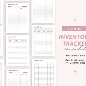 May include: A set of printable inventory and discount tracker templates in light pink. The templates are designed for use with Canva and are available in A4 and US letter sizes. The text on the templates reads "MISCELLANEOUS", "DISCOUNT", "REORDER", and "INVENTORY TRACKER included".