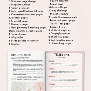 May include: A pink and gold planner with the text "What's Inside?" and a list of the contents of the planner. The planner is open to a page with the heading "Heading Here" and a section titled "Key Points Over Here". The next page is a timeline with the heading "Timeline" and the text "Start Here".