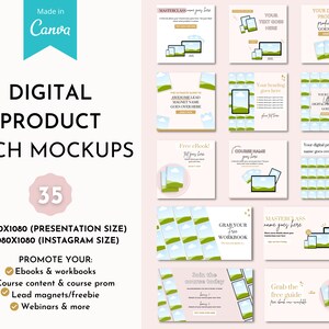May include: A set of 35 digital product tech mockups in presentation and Instagram sizes. The mockups feature a green and blue landscape with clouds. The mockups are perfect for promoting ebooks, workbooks, course content, lead magnets, freebies, and webinars.