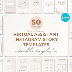 Puede incluir: Un conjunto de 50 plantillas de historias de Instagram editables para asistentes virtuales. Las plantillas están en un esquema de color beige neutro con acentos marrones. El texto "Plantillas de historias de Instagram para asistentes virtuales" está en una fuente grande y en negrita.