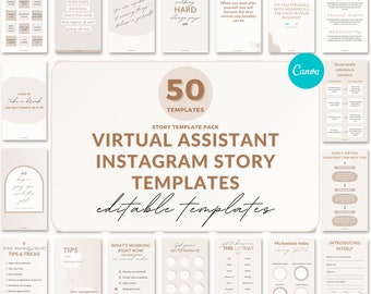 Könnte beinhalten: Ein Satz von 50 editierbaren Instagram-Story-Vorlagen für virtuelle Assistenten. Die Vorlagen sind in einem neutralen Beigetonschema mit braunen Akzenten gehalten. Der Text "Virtuelle Assistenten Instagram Story Vorlagen" ist in einer großen, fetten Schrift.