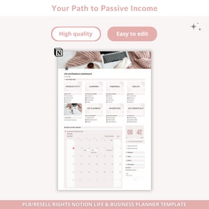 May include: A pink and white Notion life and business planner template with a calendar, dashboard, and sections for productivity, learning, personal, health, business planning, marketing, and business essentials. The template is designed to help users achieve their goals and build a passive income stream.