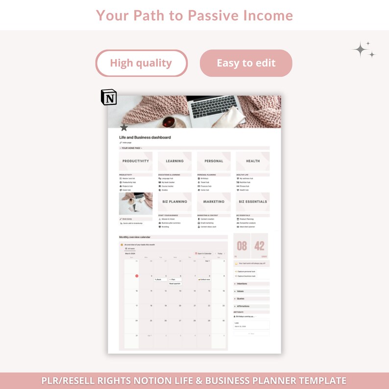 May include: A pink and white Notion life and business planner template with a calendar, dashboard, and sections for productivity, learning, personal, health, business planning, marketing, and business essentials. The template is designed to help users achieve their goals and build a passive income stream.